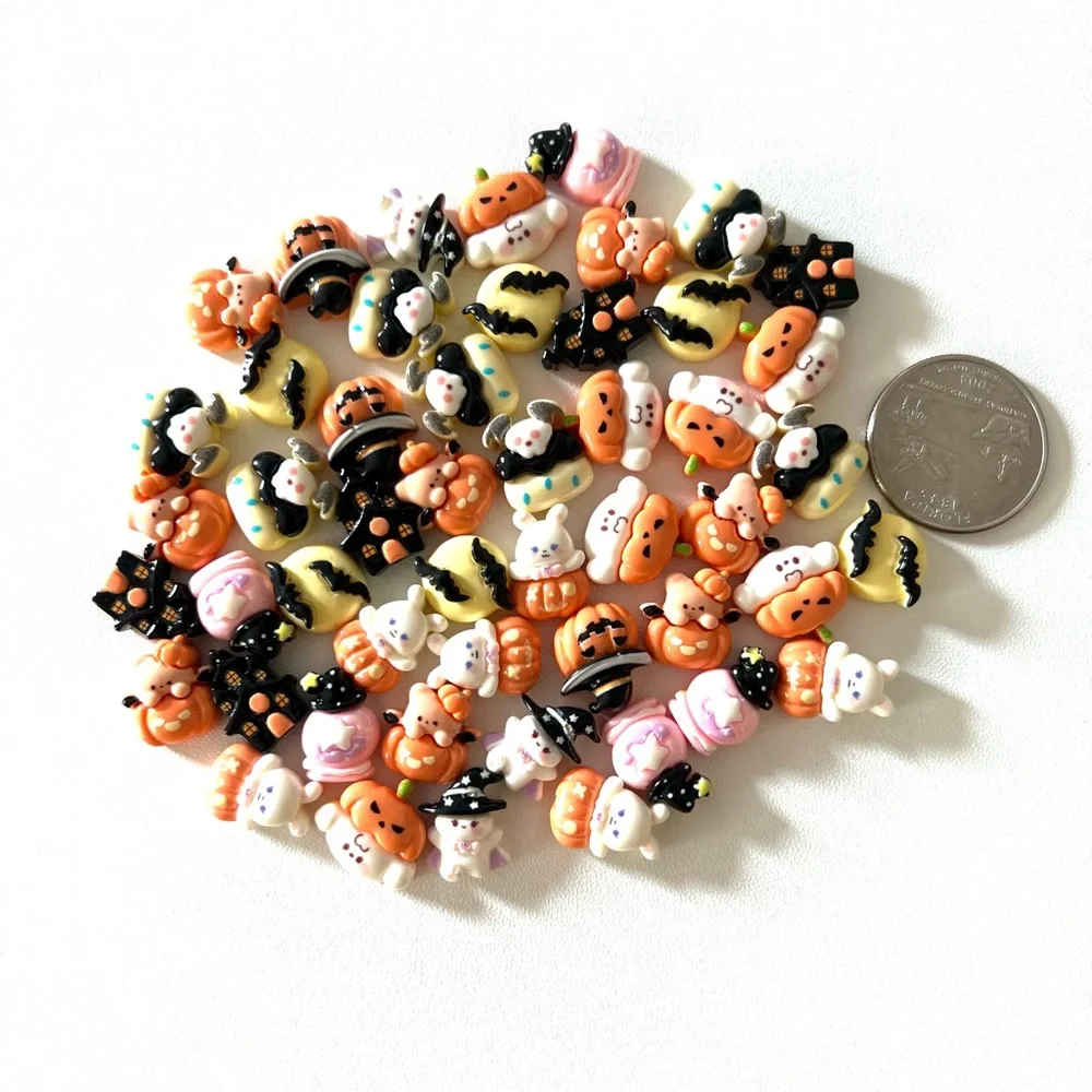 50 Pc Mini Halloween Charms | Kawaii Pumpkin Ghost Bat Craft Mix